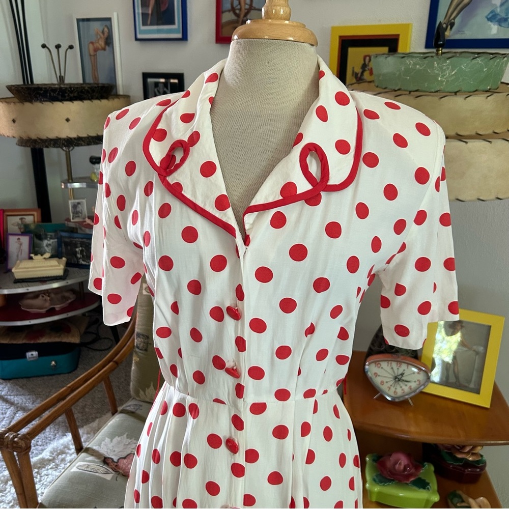 SOLD SOLD Vintage 1950s Style Dress White Red Polka Dot M L Pinup Rockabilly 50s - Picture 4 of 8